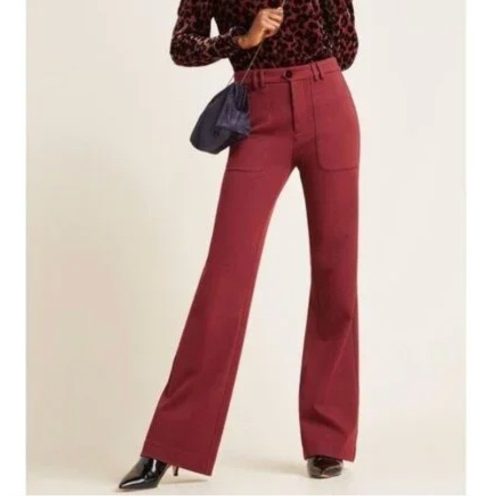 Athropologie Essential Flare Leg Trousers Burgundy Red Size 10 High Rise Pants